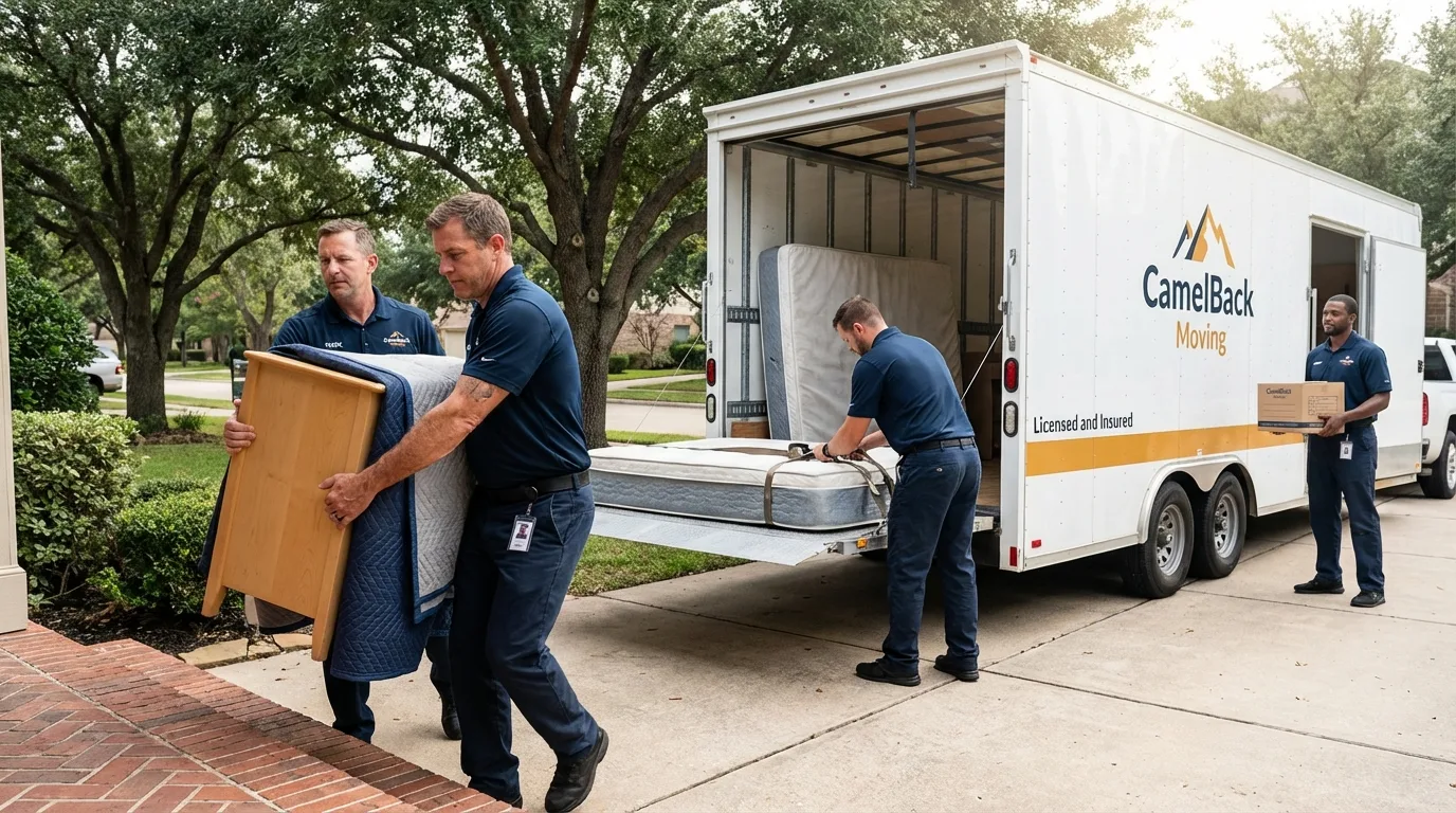 Crew loading residential truck for cross-state move from Bernalillo, NM