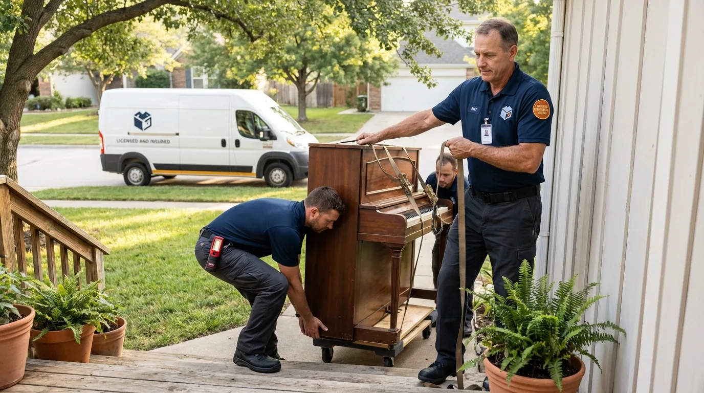 Licensed piano movers securing grand piano in Bernalillo, NM