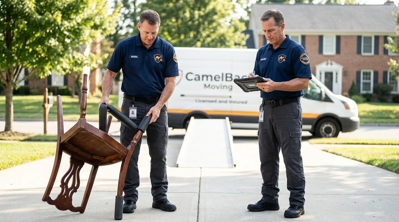 Movers inspecting furniture for damage prevention before loading in Bernalillo, NM