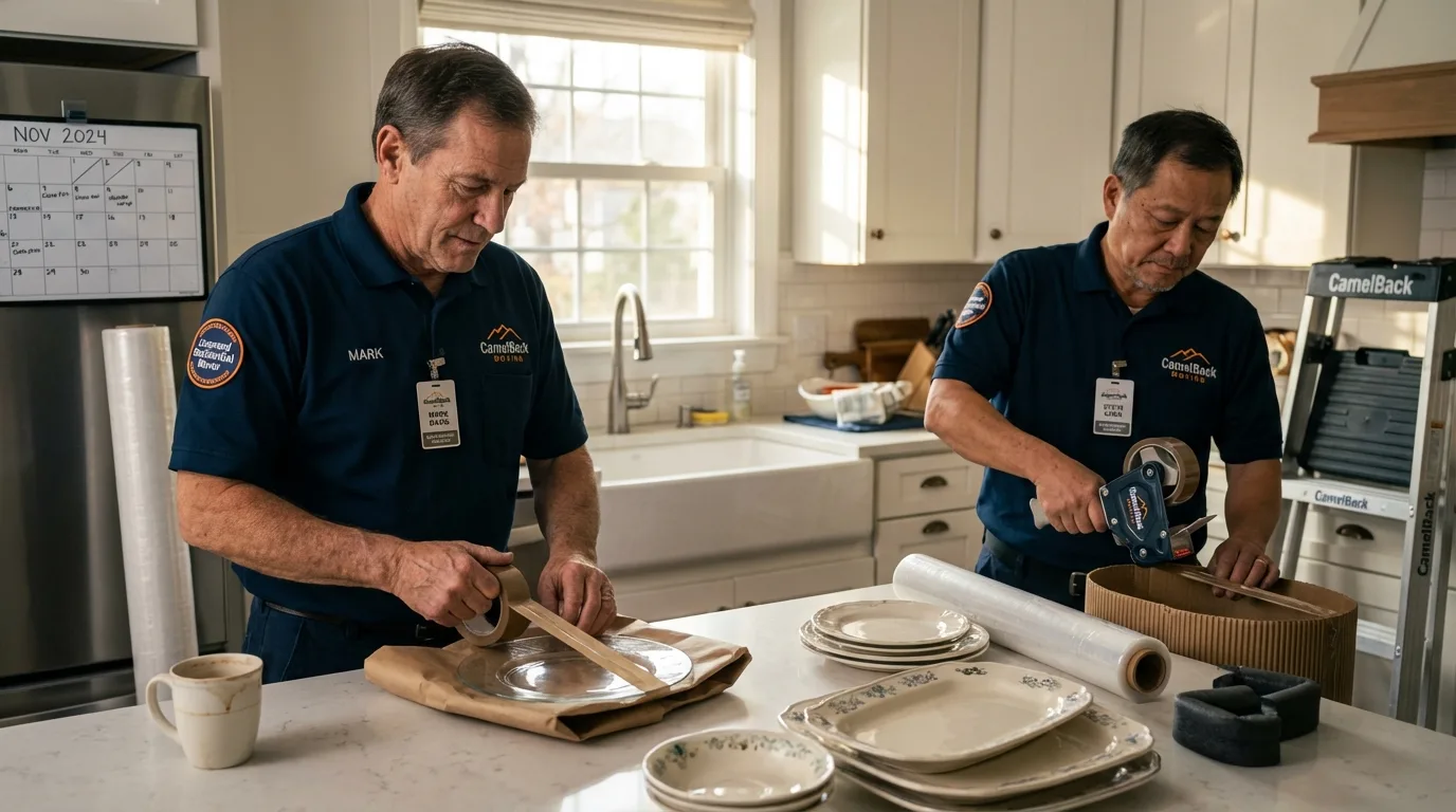 Professional crew packing kitchen dishware in Bernalillo, NM
